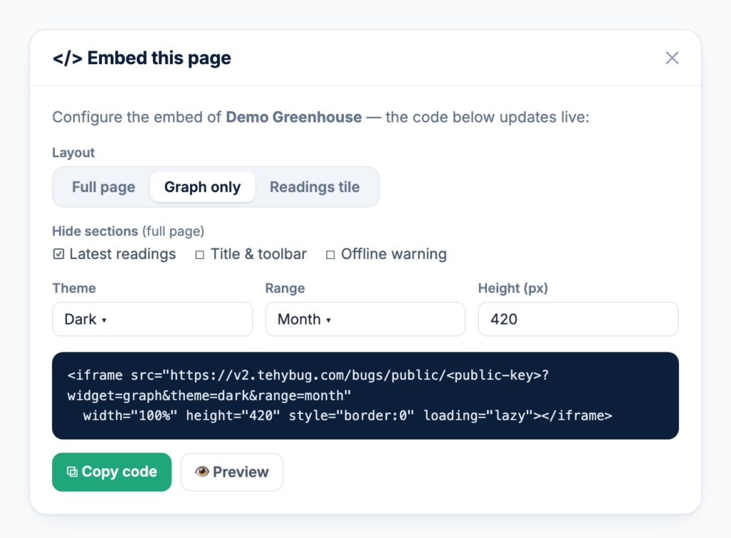 The embed builder with layout, theme and range options and the generated iframe code