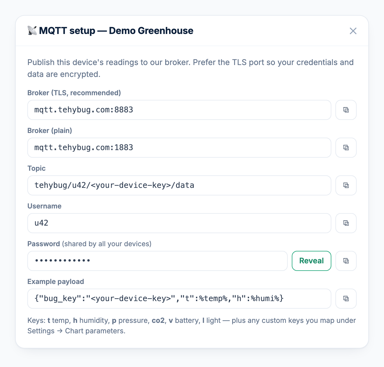 The MQTT setup dialog showing broker, topic, username and a hidden password