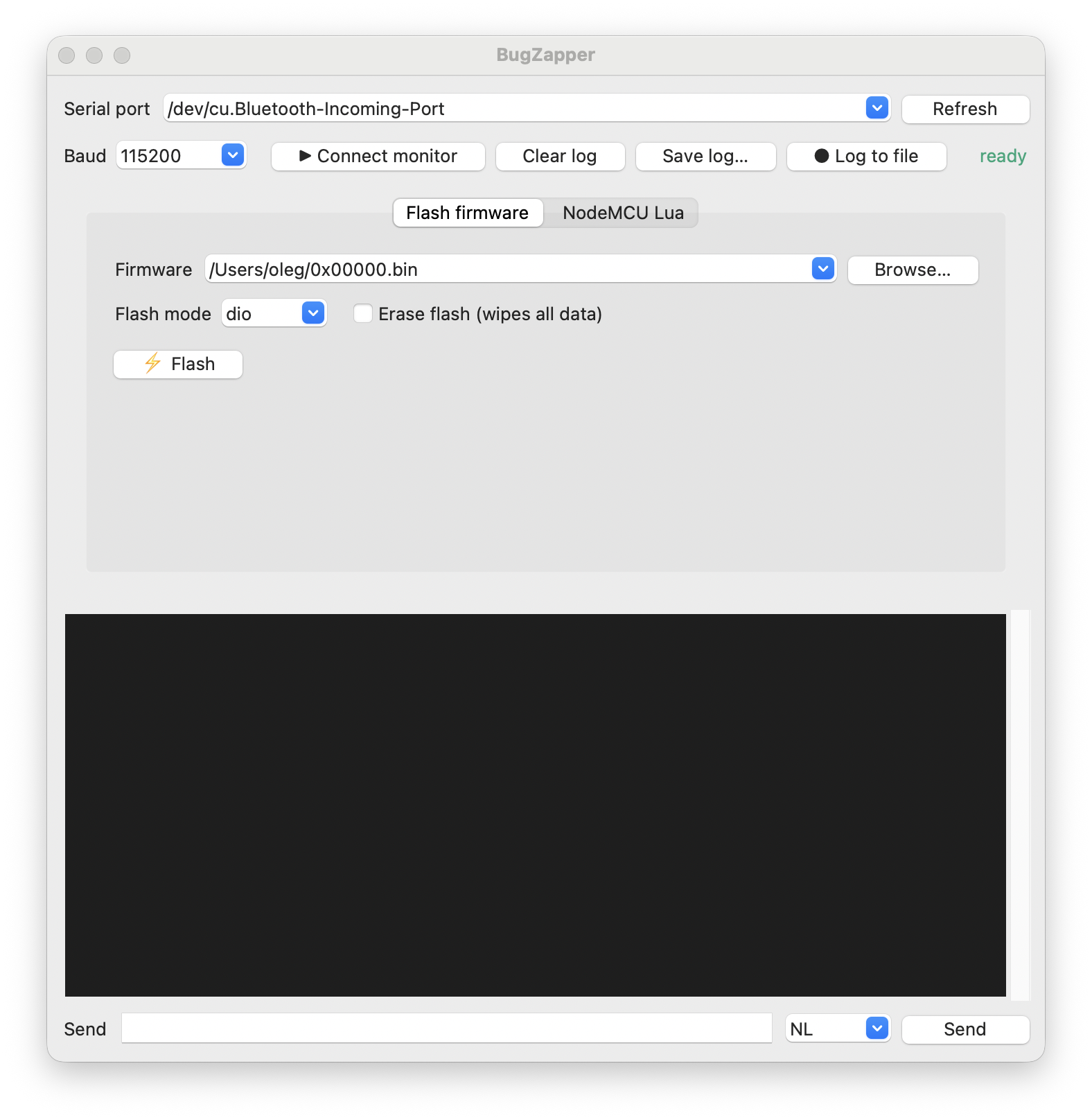 BugZapper: flash firmware tab with the serial monitor below