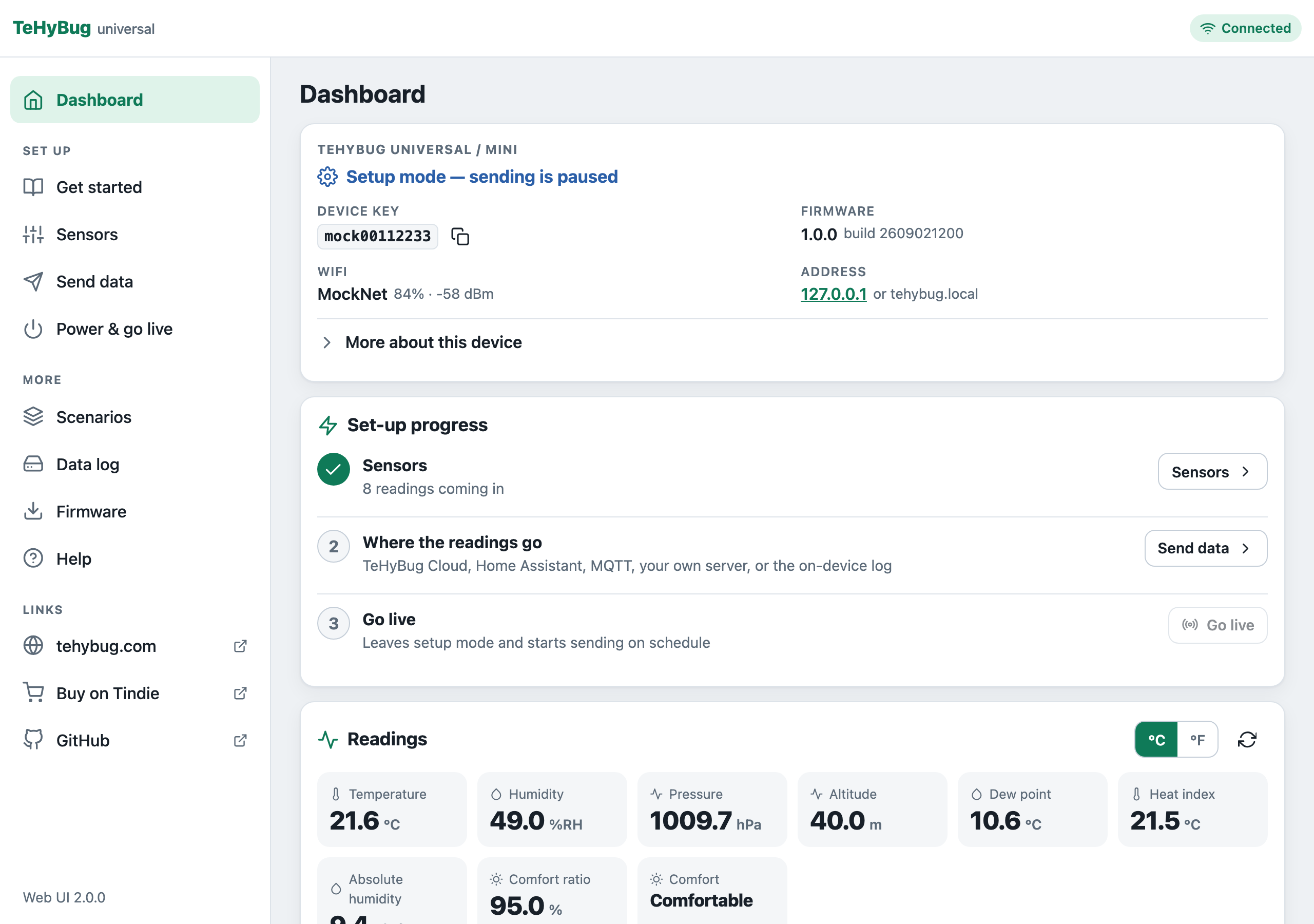 The TeHyBug dashboard on a laptop: device status, set-up progress and live readings