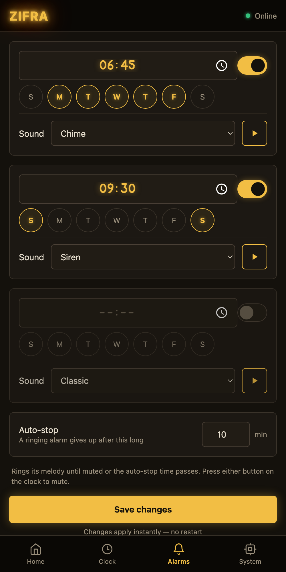 Three alarms with weekdays and melodies