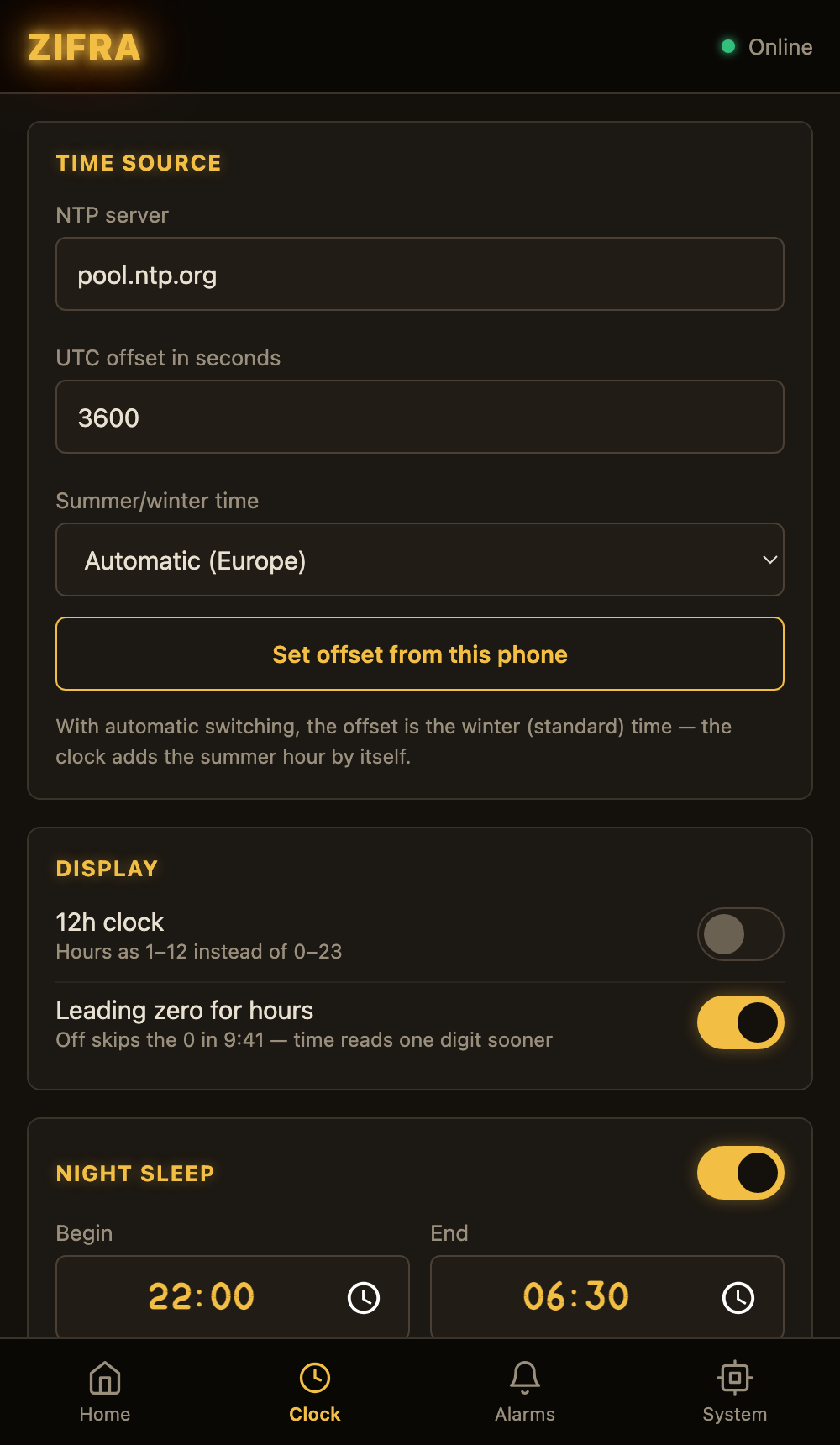 Clock settings: time source, summer/winter time, display options and night sleep