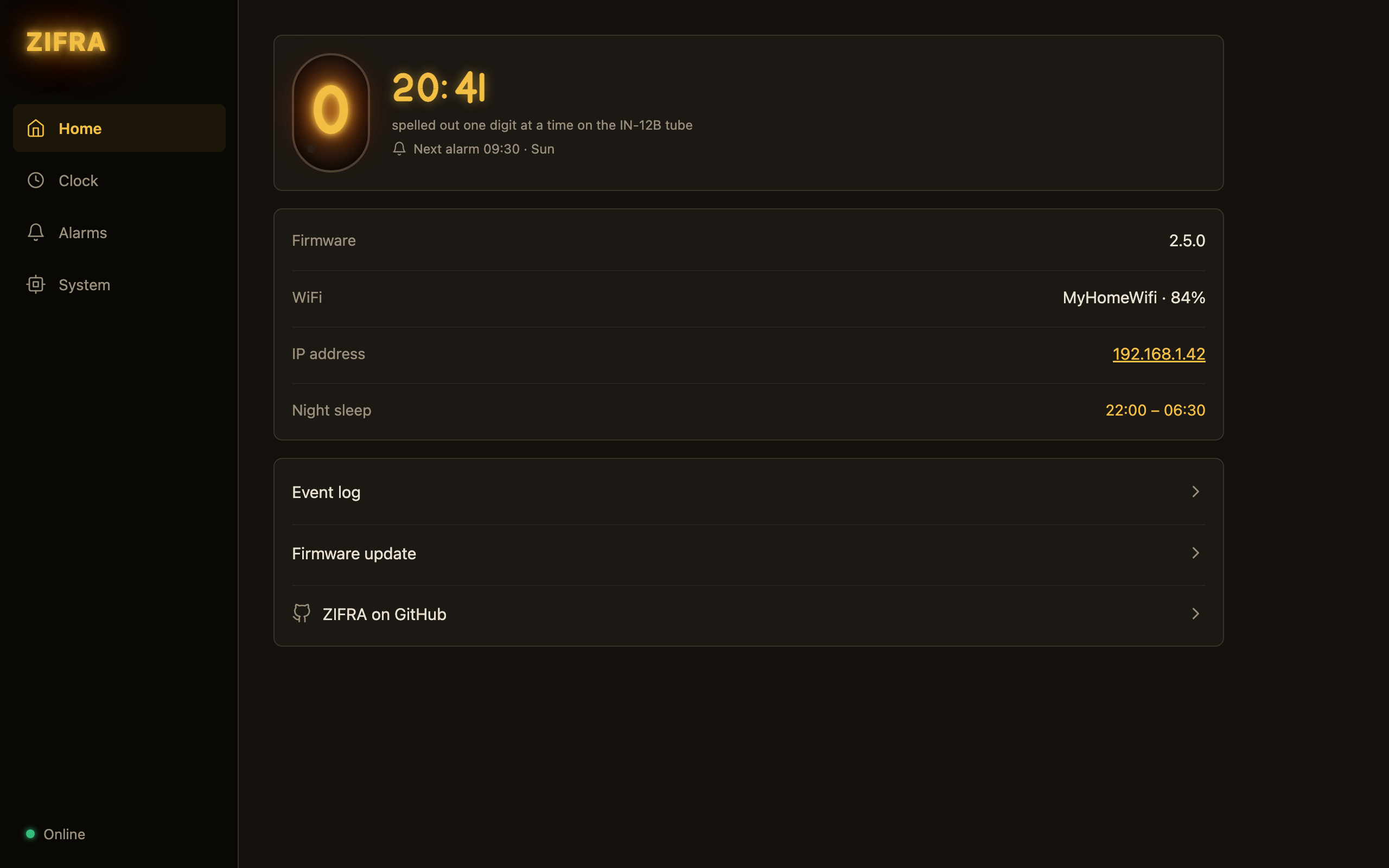 The ZIFRA dashboard: a live demo of the tube, the time, and the clock's status