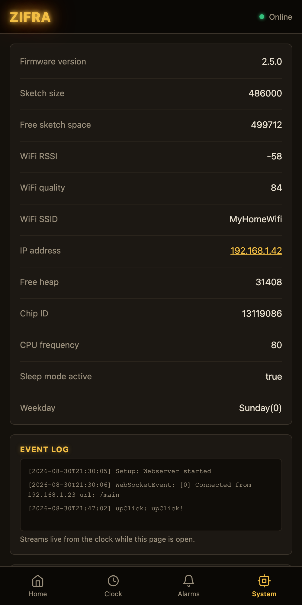 System page: live stats, event log and the in-browser firmware updater